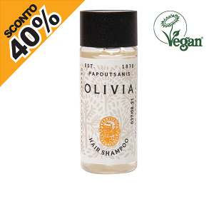Shampoo per capelli in elegante flacone da 33 ml. per la Linea Cortesia OLIVIA ordinabile da 50 flaconi