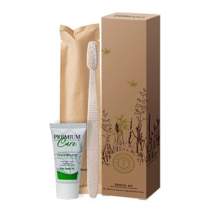Set denti con spazzolino in plastica di origine vegetale della linea cortesia accessori BIOLOGICA per hotel FederHotel